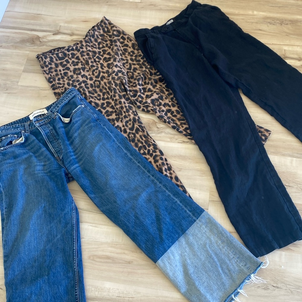 Reformation jeans, back zip and linen trousers.